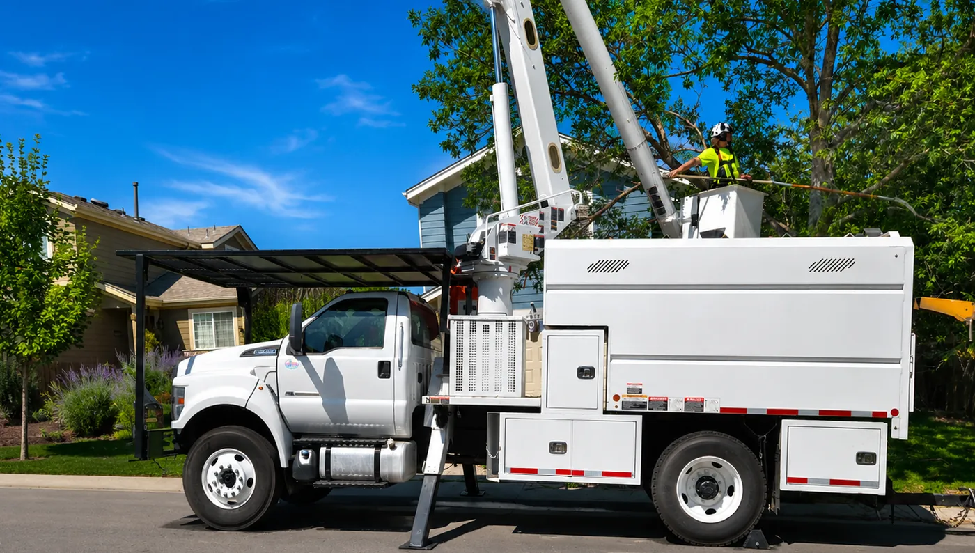 Insulated bucket truck positioned for a canopy reduction in an Arvada backyard